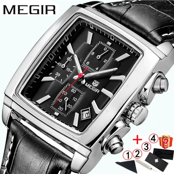 Мужские Часы 2019 люксовый бренд MEGIR Classic Деловые Черные Мужские наручные часы из Светящейся Кожи С Квадратным Хронографом Мужские Часы 2018
