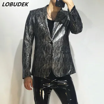 Мужской блестящий серебристый лазерный блейзер большого размера, пальто ведущего ночного клуба, парикмахера, сценический костюм певца для выступления