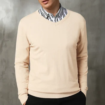 Мужской осенний молодежный деловой повседневный низ, Универсальный хлопковый пуловер с длинным рукавом и V-образным вырезом, Модные рубашки, топы Корейской моды
