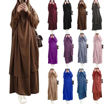 Мусульманское Платье с длинными Рукавами Большого Размера, Однотонный Комплект из Двух Частей, Толстовка С капюшоном