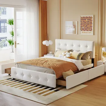 Мягкая кровать-платформа с классическим изголовьем и 4 выдвижными ящиками, пружинный блок не требуется, льняная ткань, размер Queen Size