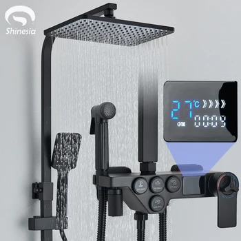 Набор термостатической душевой системы Shinesia, Черный/Хромированный душ для ванной комнаты, Роскошный смеситель для душа с цифровым дисплеем со светодиодной подсветкой