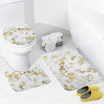 Наборы ковриков и циновок для ванной комнаты из 3 предметов с абстрактным золотисто-белым мраморным принтом, Моющийся нескользящий U-образный контурный коврик и крышка для крышки