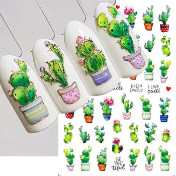 Наклейки для нейл-арта с кактусом, Дизайн зеленых Мясистых растений, Самоклеящиеся Слайдеры, 3D Наклейки с Милыми Животными, Украшения для ногтей, Аксессуары