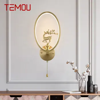Настенный светильник в китайском стиле TEMOU, светодиодный Золотой Винтажный Латунный Креативный светильник-бра с Оленем Для домашнего декора Гостиной Спальни кабинета