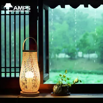 Настольная лампа из бамбуковой ткани E27 Ручной работы в Юго-Восточной Азии, украшение спальни в японском стиле для сада с вилкой, настольная лампа для чайной комнаты