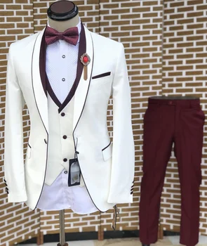 Неярко-белые бордовые костюмы в стиле пэчворк для мужчин, приталенные, из 3 предметов, новейший дизайн, сшитые на заказ Комплекты свадебной куртки для жениха, мужская одежда