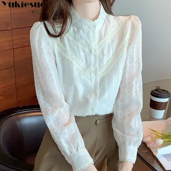 Новая весенняя Корейская Приталенная женская одежда с длинными рукавами и пуговицами, Милые топы, Элегантная офисная женская рубашка, Модная кружевная блузка в горошек