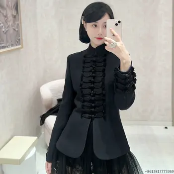 Новая высококачественная застежка-пряжка на талии демонстрирует тонкий черный маленький костюм, короткое пальто, женский весенне-осенний костюм в стиле ретро