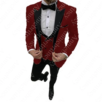 Новейший Дизайн Красных Мужских Костюмов С Черным Отворотом Смокинг Жениха Свадебный Костюм Homme Terno Masculino Slim Fit Блейзер из 3 предметов