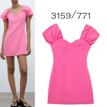 Новое женское повседневное сексуальное платье 2023 sweet Ruili розового цвета с короткими рукавами и однобортным воротником в форме сердца 3159771
