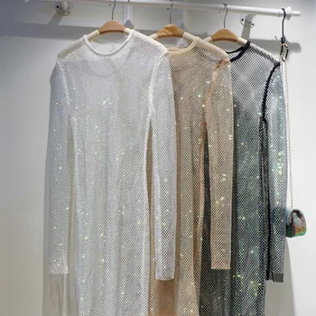 Новое женское сексуальное облегающее платье с кристаллами и бриллиантами, открытое мини-платье с длинным рукавом, Женское прозрачное вечернее платье со стразами