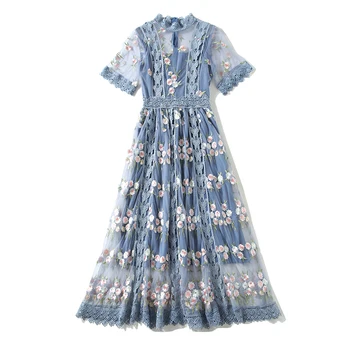 Новое летнее платье с цветочной вышивкой для подиума, женские длинные сетчатые платья с расклешенными рукавами и цветочным рисунком синего цвета