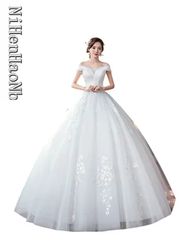 Новое свадебное платье 2023 года, элегантный вырез лодочкой с открытыми плечами, Кружевная вышивка, кружевное платье для невесты большого размера