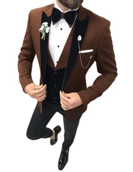 Новые модные Коричневые Мужские костюмы Slim Fit, Вечернее платье из 3 предметов для Выпускного вечера 2023, Мужские Свадебные Костюмы, Смокинг (Куртка + Жилет + Черные брюки)
