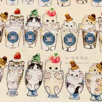 Новый кот 100% Хлопчатобумажная ткань Мультфильм Японская иллюстрация Чашка Кошки Ткань с рисунком Ткань для шитья Детское платье/Одежда своими руками