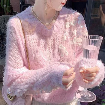 Новый осенне-зимний свитер-пуловер 2023 года, куртка с длинными рукавами, Полый вязаный свитер с цветочным принтом