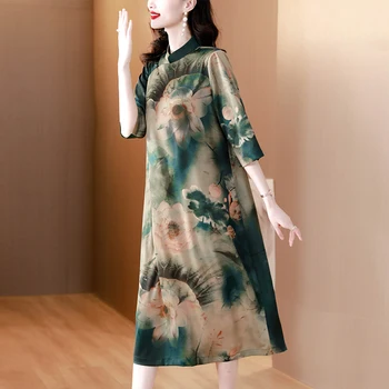 Новый тяжелый атласный халат в стиле ретро в китайском стиле, улучшенное платье с принтом чонсам, слишком длинная юбка для богатой леди