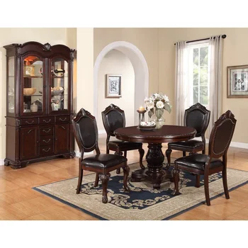 Обеденный стол и 4 боковых стула Коричневый Комплект из 5 предметов, основание для обеденного стола, Антикварный круглый стол, стул с обивкой из искусственной кожи