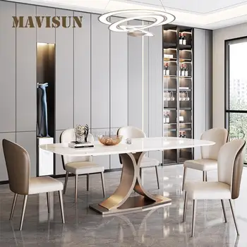 Обеденный стол из яркой каменной доски с 4 стульями, современный минималистичный комплект легкой роскошной кухонной мебели, Прямоугольный салонный стол