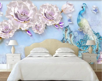обои beibehang 3d на заказ свежий 3D рельеф павлин магнолия ТВ фон украшение стен роспись обоев домашний декор