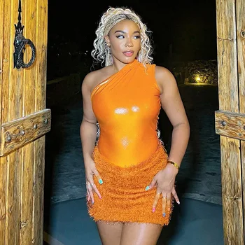 Оранжевый комплект с юбкой из 2 предметов, женское сексуальное боди без рукавов на одно плечо, топ, флисовое облегающее мини-платье, клубный костюм для вечеринок, одежда Y2K