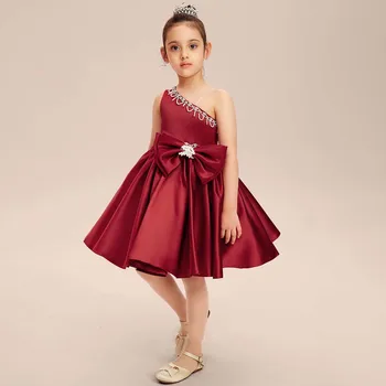 Оригинальное атласное платье с цветочным узором для девочек трапециевидной формы на одно плечо Длиной до колена от 2 до 15 Т