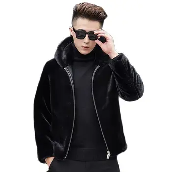 Осенне-зимнее мужское пальто Черная меховая интегрированная куртка из искусственного меха короткое пальто Утолщенная повседневная мужская одежда