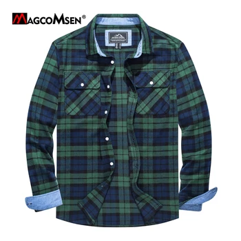 Осенняя ветрозащитная мужская фланелевая рубашка MAGCOMSEN, теплые повседневные рубашки в клетку с длинным рукавом и двумя нагрудными карманами
