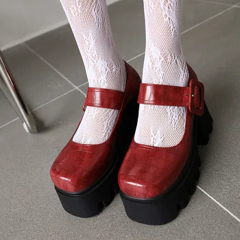 Очень толстые туфли на высоком каблуке с текстурой Камня цвета Хаки В квадратную клетку На Высокой водонепроницаемой платформе С классическим квадратным носком