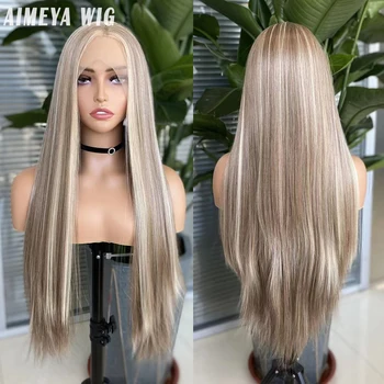 Парики AIMEYA Blonde Highlight Синтетический парик на кружеве спереди, Бесклеевые Шелковистые Прямые парики из натуральных волос для женщин, синтетический парик из волос