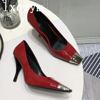 Пикантные красные женские туфли-лодочки на шпильке с квадратным носком На высоком каблуке из натуральной кожи, элегантная женская обувь, босоножки, свадебная повседневная официальная обувь