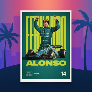 Плакат Гран-при Формулы-1 Майами 2023 года Фернандо Алонсо Картина на холсте, принты, настенные рисунки для украшения дома в гостиной