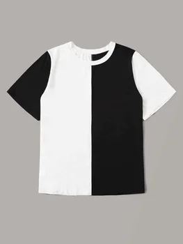 Плюс размер, Элегантная модная летняя повседневная футболка с коротким рукавом, женские черно-белые свободные топы с круглым вырезом, футболка большого размера 5XL
