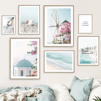 Пляж Санторини, цветочный пейзаж, настенное искусство, холст, живопись, плакаты и принты с изображением моря, Настенная картина для гостиной, домашний декор
