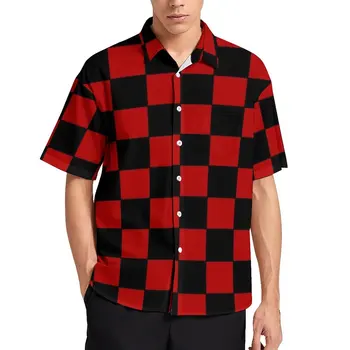 Пляжная рубашка в ретро-шахматную клетку, мужские повседневные рубашки в черно-красную клетку, летние винтажные блузки оверсайз с принтом с коротким рукавом, подарок