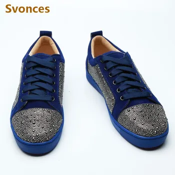 Повседневная обувь унисекс, мужские модные синие кроссовки из флока с кристаллами, мужская обувь с низким верхом, Однотонная обувь на шнуровке, Европейский размер 38-47