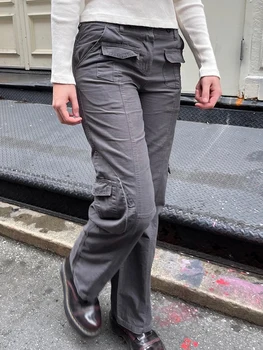 Повседневные серые брюки-карго, Женская уличная одежда, Регулируемые эластичные Прямые брюки с высокой талией, осенние винтажные Шикарные брюки с карманами Y2k