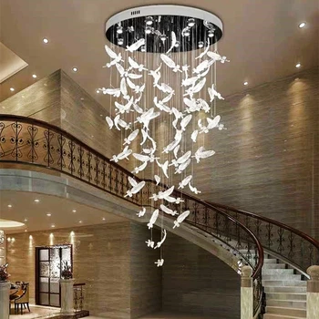 Подвесные светильники Люстра из прозрачного хрусталя в виде перьев для лестницы, салона красоты, приемной, вестибюля, Светодиодный потолочный светильник из нержавеющей стали