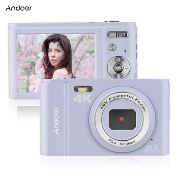 Портативная Цифровая камера Andoer 48MP 4K с 2,8-дюймовым IPS-экраном с 16-кратным зумом, Распознавание лиц, Защита от тряски, Аккумуляторы, Ремешок для переноски, Сумка для переноски