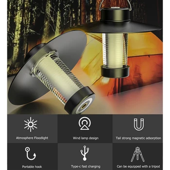 Портативный светодиодный походный подвесной фонарь Type-c, перезаряжаемая светодиодная лампа, светильник для палатки, Магнитная адсорбция, теплый прожектор, 3 режима освещения