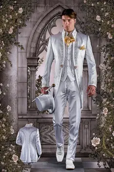 Последние модели пальто и брюк из белого атласа цвета слоновой кости, Итальянский мужской костюм с вышивкой, Длинный смокинг для выпускного вечера, Нежный блейзер, Изготовленный на заказ, 3 предмета, Terno Sos