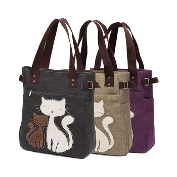 Прекрасная холщовая сумка с милым котом для девочек, женская повседневная сумка большой емкости, женская портативная сумка на молнии, Bolsos Mujer