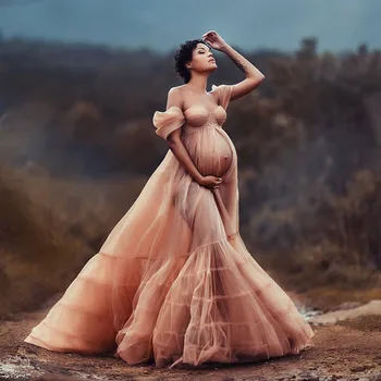 Прозрачное платье телесно-розового цвета для фотосессии, многоуровневый тюль, платья для фотосъемки беременных женщин, халат для фотосессии grossesse
