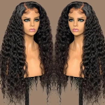 Прозрачный кружевной парик, Вьющиеся парики из человеческих волос, Бразильский парик с глубокой волной, Кружевной Фронтальный парик для чернокожих женщин, предварительно выщипанный парик с застежкой 4x4 спереди