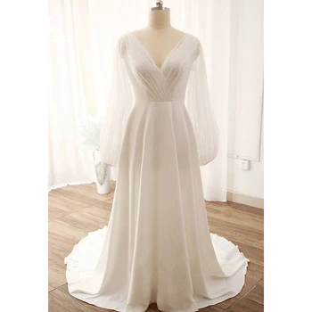 Простое свадебное платье с длинным рукавом для женщин 2023 Невесты, атласные свадебные платья с V-образным вырезом, пляжное платье со шлейфом, Vestido De Noiva Casamento