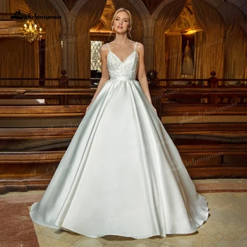 Простые свадебные платья цвета слоновой кости на бретельках без спинки Элегантное платье невесты 2021 Атласный придворный шлейф Свадебные платья на заказ