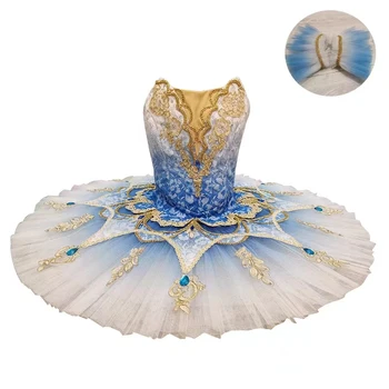 Профессиональное балетное платье для танцев на заказ, синее платье-пачка из органзы с градиентом, детское платье для соревнований для взрослых