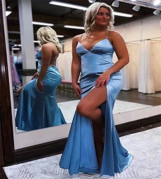 Пыльно-голубое платье для выпускного вечера с V-образным вырезом, Сексуальные вечерние платья полной длины с Русалочкой, Черные вечерние платья с высоким разрезом для девочек