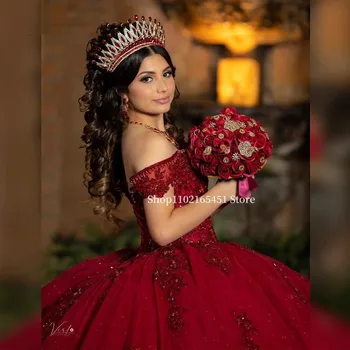 Пышные платья принцессы Бордового цвета с открытыми плечами, аппликации, блестки, вечерние платья для выпускного вечера, милое платье на шнуровке от 15 до 16 лет